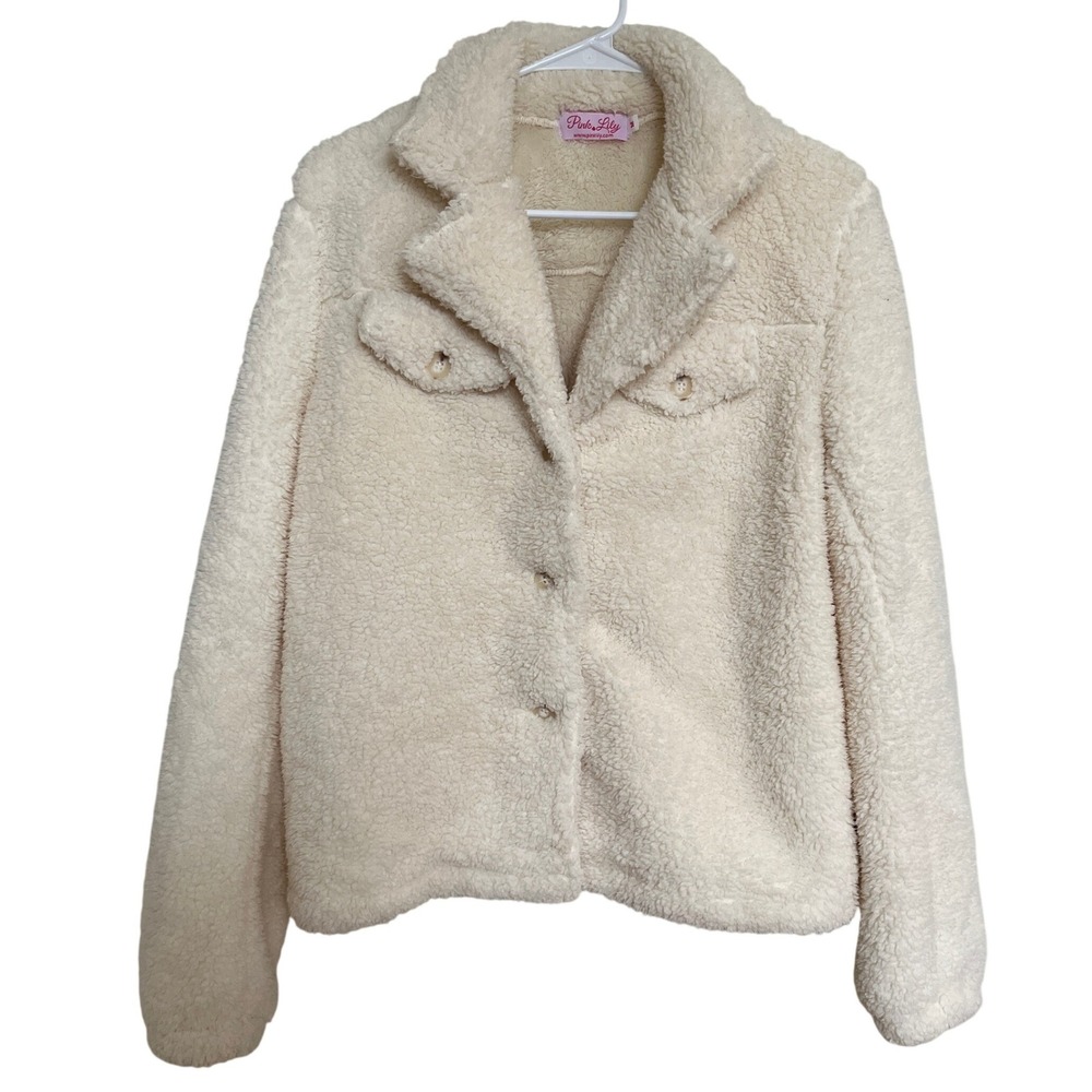 Pink Lily Ivory Faux Fur Button‎ Jacket Teddy Shacket Cozy Winter M